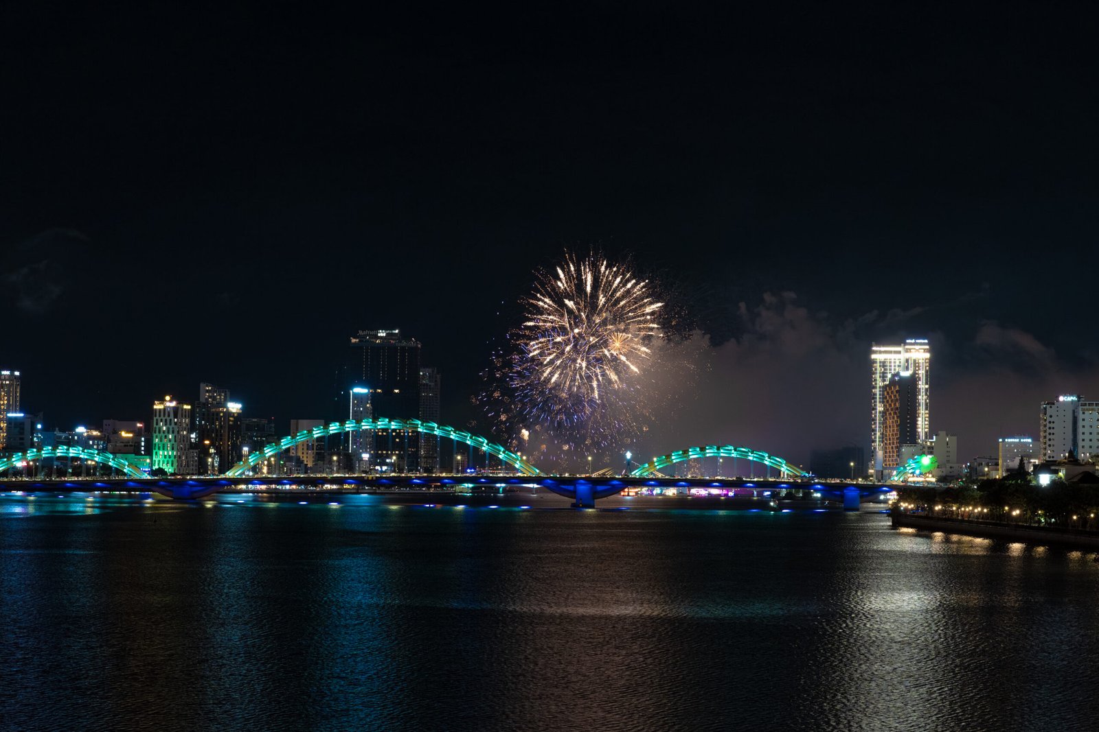 night cityscape fireworks festival dragon bridge han river da nang vietnam