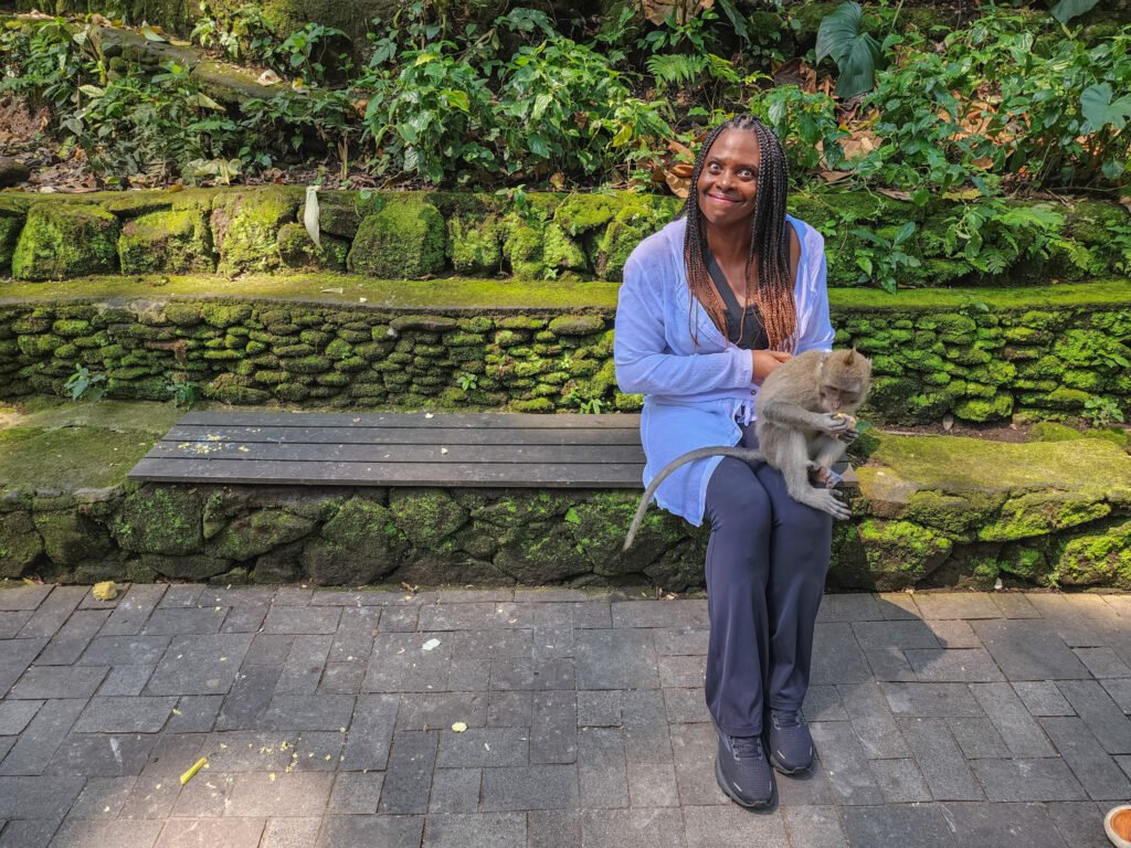 Marge with macaque at Sacred Monkey Forest Sanctuary Ubud Bali