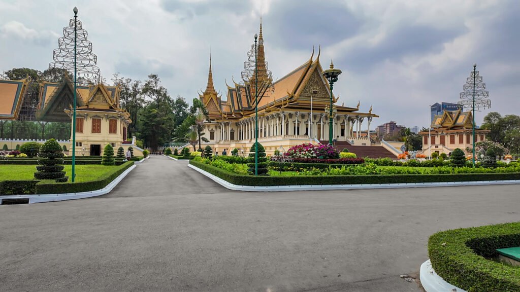 The grand courtyard and golden spires of the Royal Palace in Phnom Penh, Cambodia